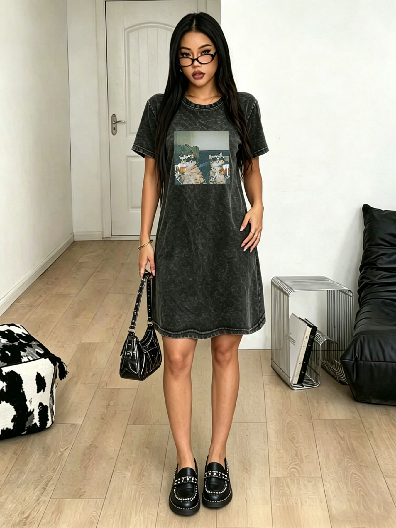 Streetwear Brand Cat - Sukienka T-shirt damska w stylu vintage,