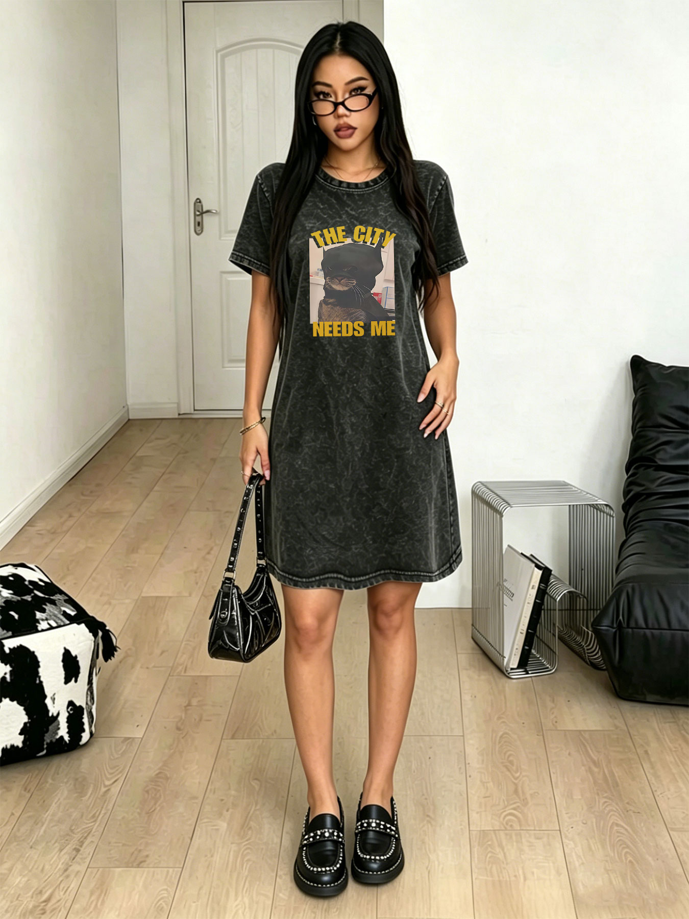 Streetwear Brand Cat - Sukienka T-shirtowa damska w stylu vintage,